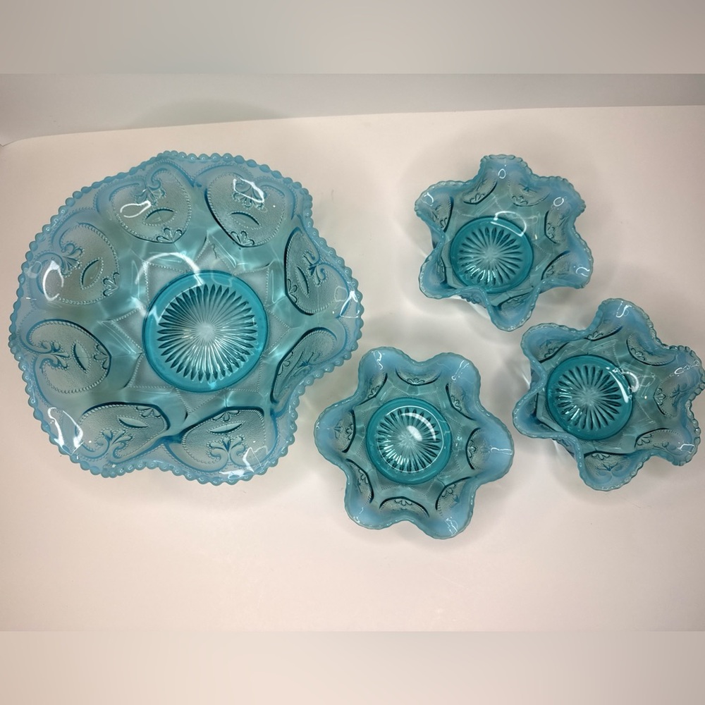 Northwood Jewel Heart Opalescent Ruffled Scalloped Blue Bowls - Picture 2 of 10